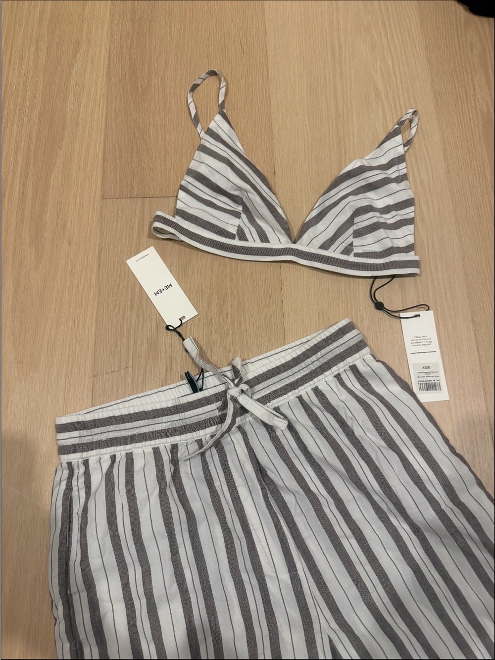 ME+EM Striped Triangle Bralette & Pants in White & Gray Taupe MATCHING SET